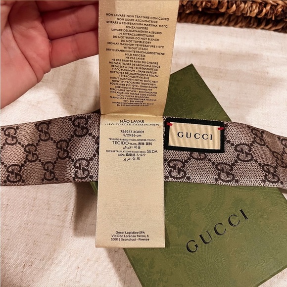 GUCCI Interlocking G Horsebit Web Print Silk Neck Bow In Brown NEW IN BOX - Picture 10 of 12